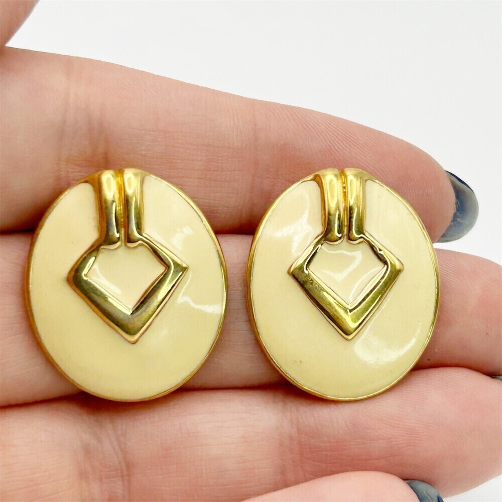 Vintage Gold Tone Monet Earrings Womens Ivory Enamel Oval Stud Geometric